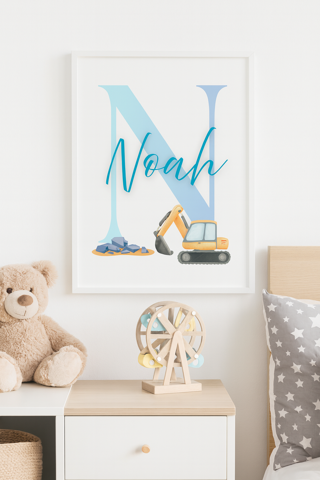Personalised children's name and initial print with themed illustrations, custom nursery wall art 