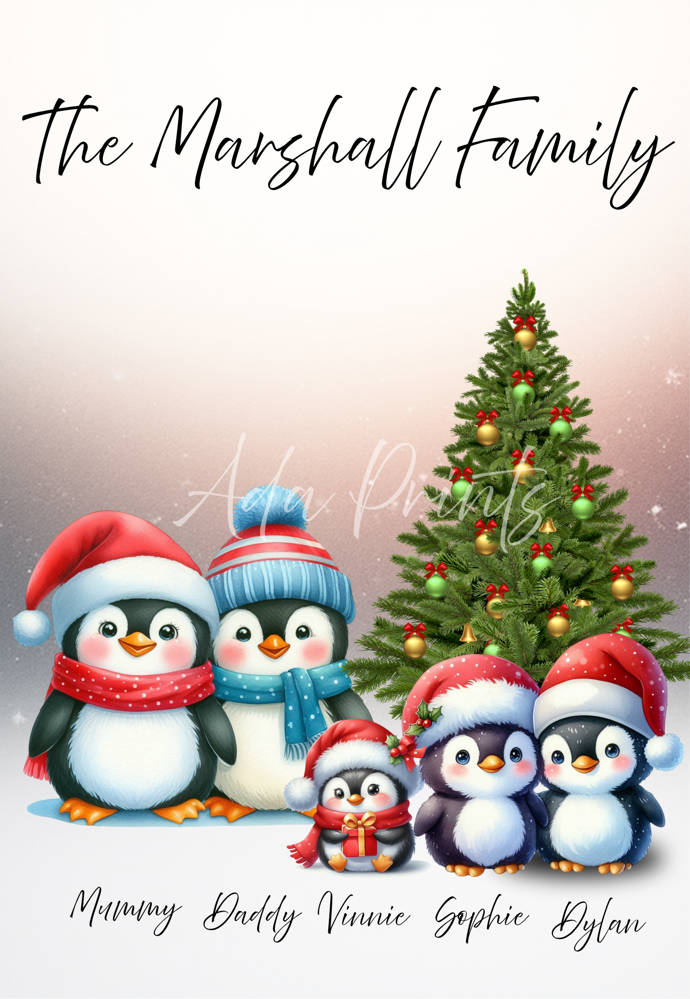 Personalised Christmas Penguin Family Print - Festive Family Wall Art