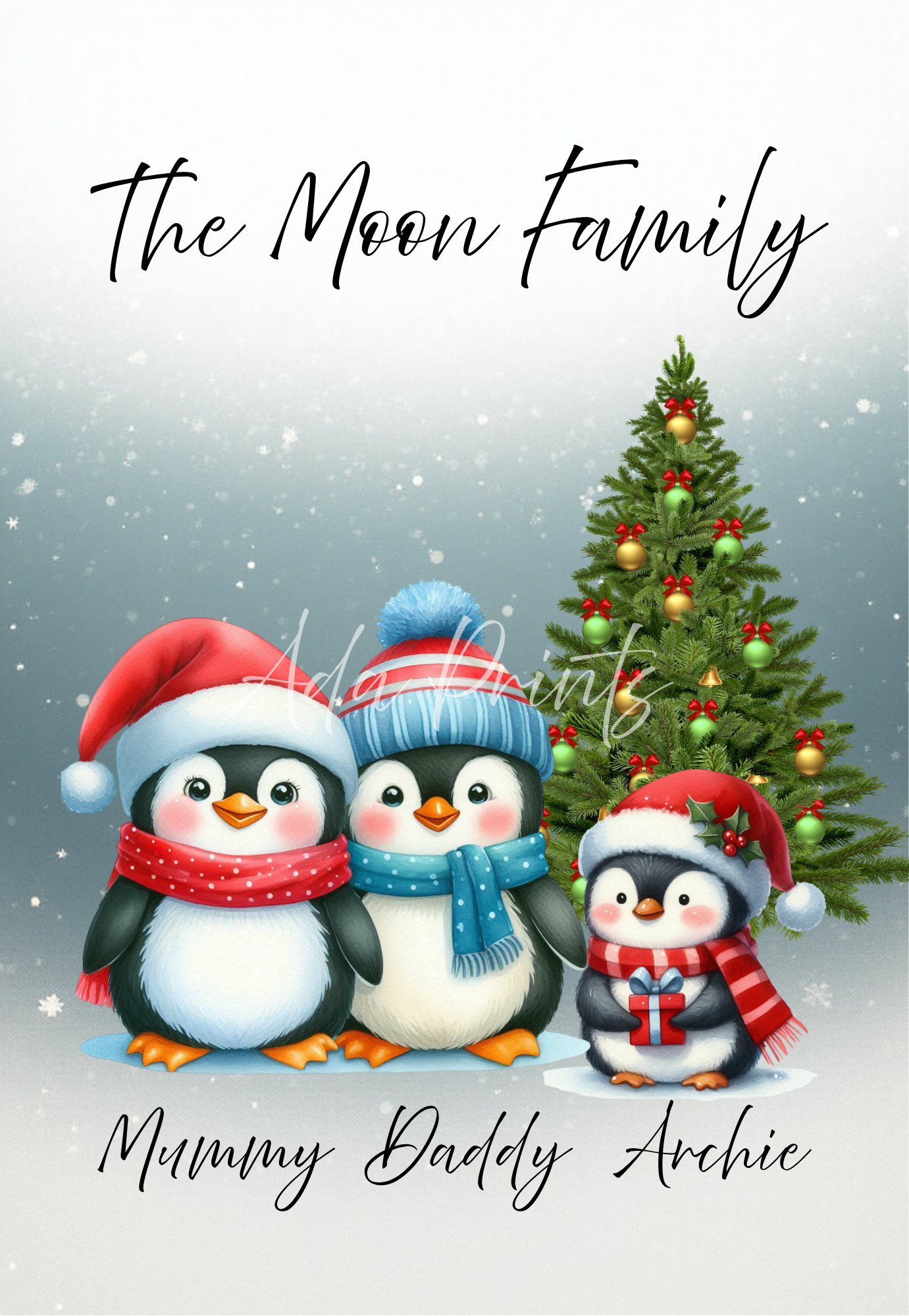 Personalised Christmas Penguin Family Print - Festive Family Wall Art