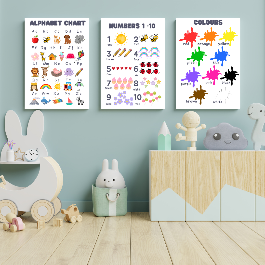 Children's Educational Poster Set – Alphabet, Numbers & Colours (3-Poster Bundle)