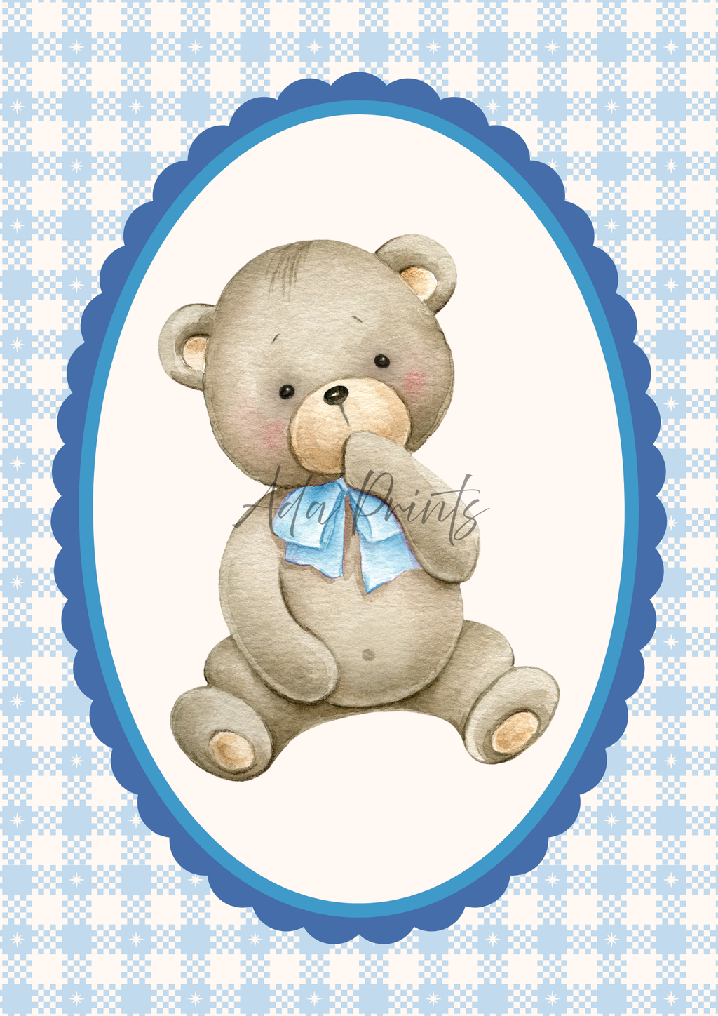 Gingham Teddy Bear Nursery Print | Baby Boy & Girl Wall Art | A4 & A3