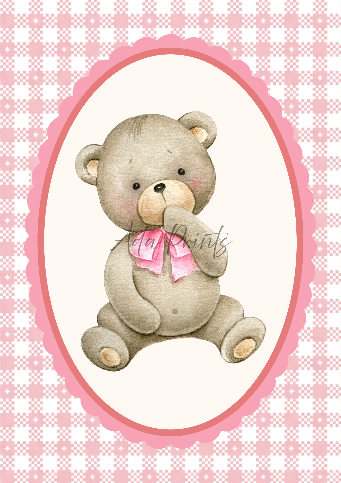 Gingham Teddy Bear Nursery Print | Baby Boy & Girl Wall Art | A4 & A3