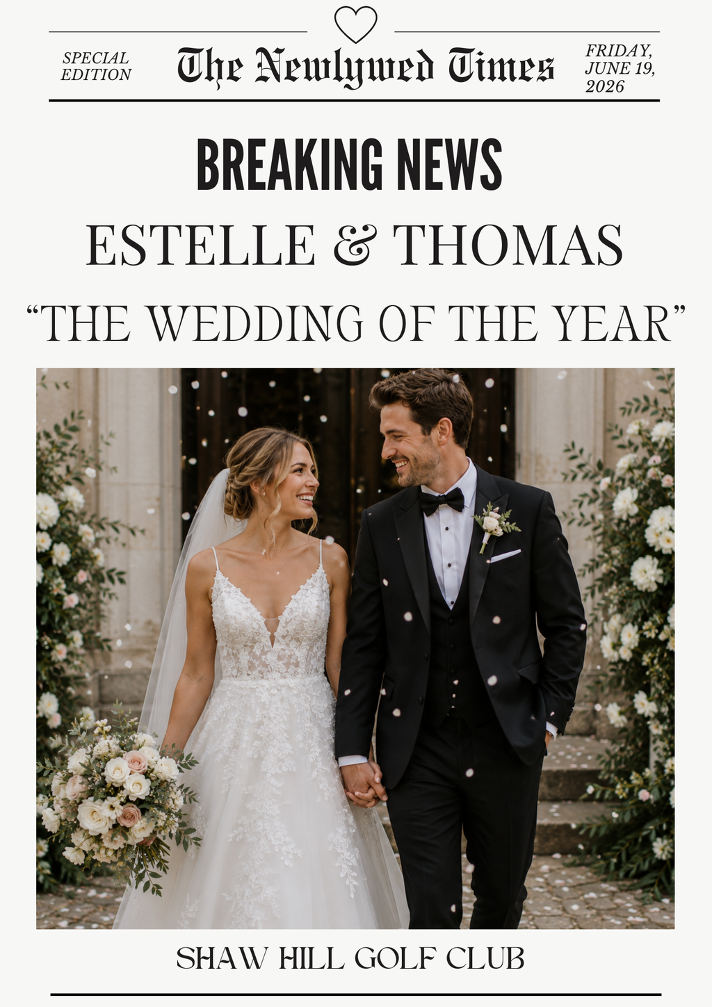 Personalised Wedding Newspaper Print — The Newlywed Times style front page with couple's names, date and venue