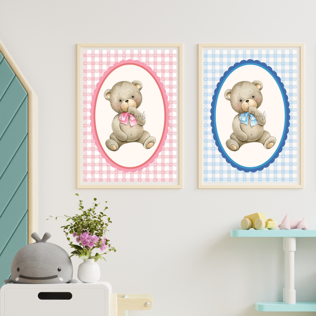 Gingham Teddy Bear Nursery Print | Baby Boy & Girl Wall Art | A4 & A3