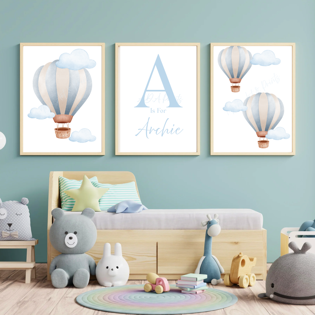 Personalised Hot Air Balloon Nursery Print Set of 3 - Blue Watercolour Wall Art
