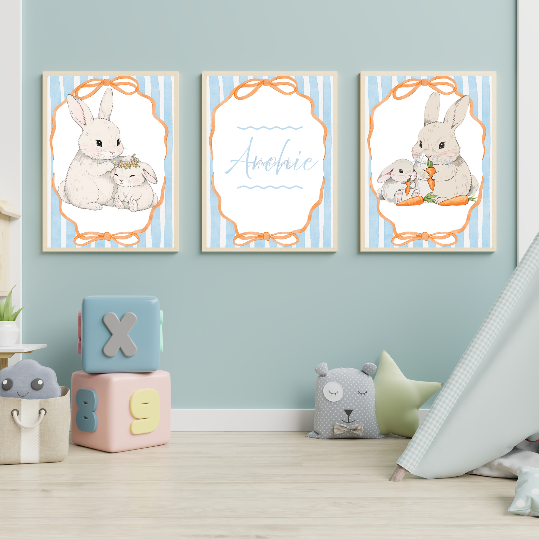Personalised Bunny Nursery Print Set of 3 | Kids Wall Art