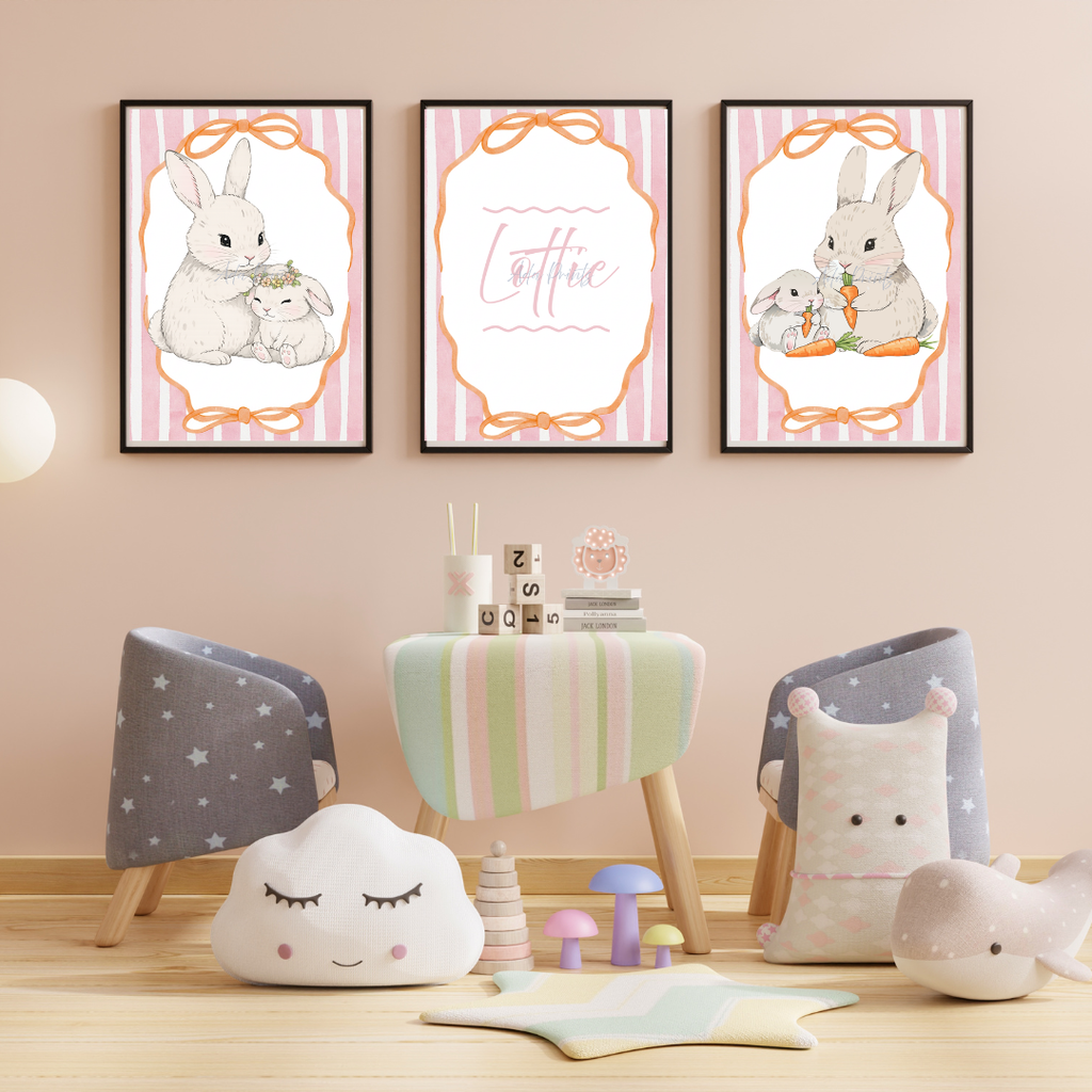 Personalised Bunny Nursery Print Set of 3 | Kids Wall Art
