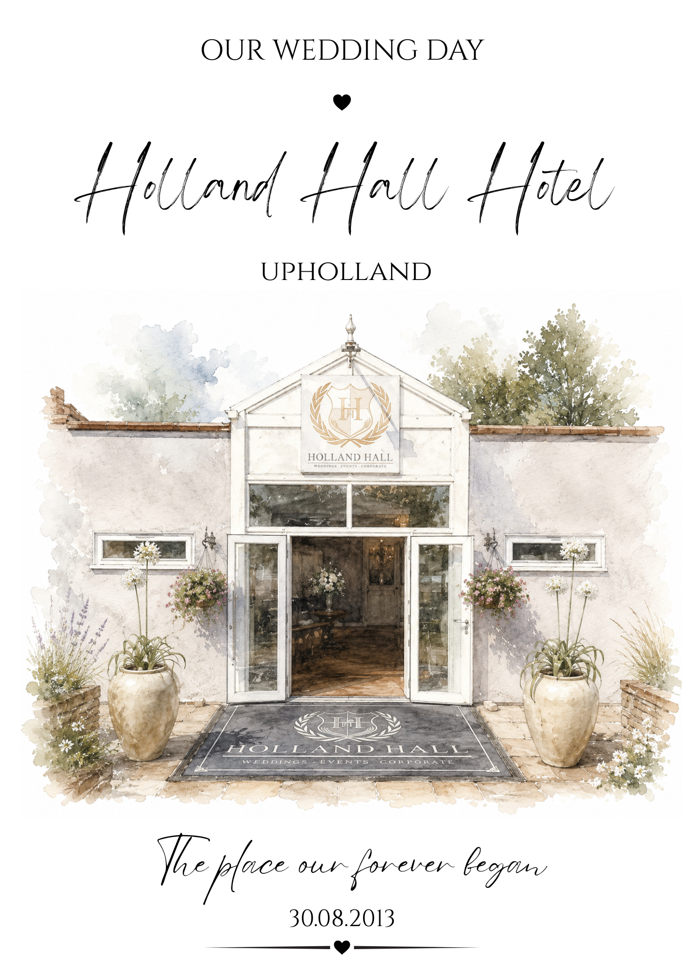 Personalised watercolour wedding venue print featuring Holland Hall Hotel, Upholland, with custom names and wedding date
