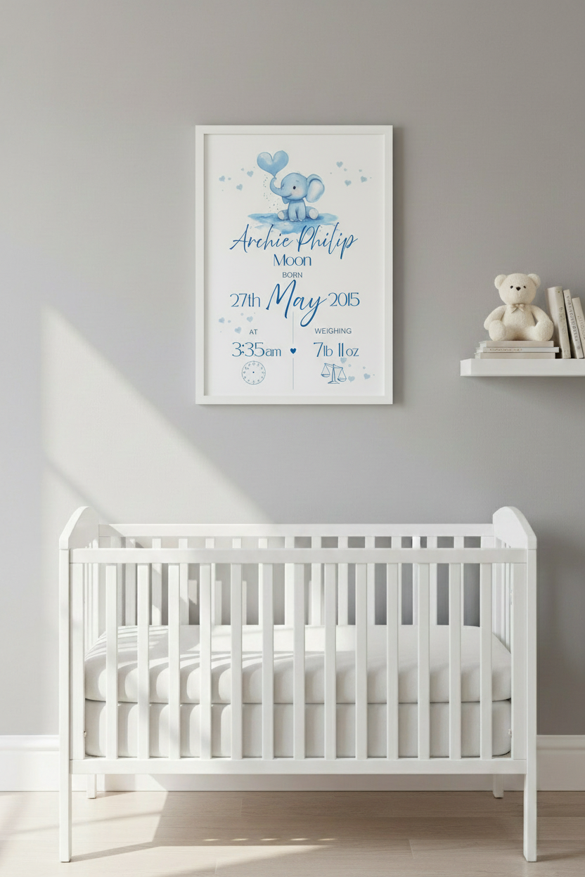 Personalised baby print white frame Blue elephant baby birth print personalised nursery wall art
