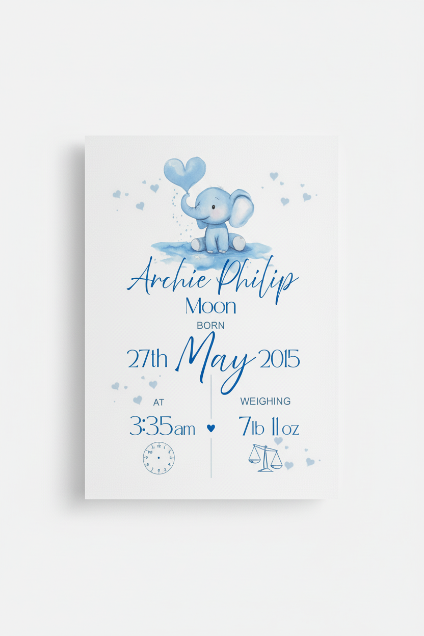 Personalised baby birth print blue elephant with heart and custom detail