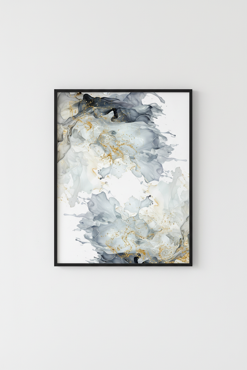 Framed abstract art print with grey, white, and gold colours on a white wall. Luxury fluid ink wall décor 