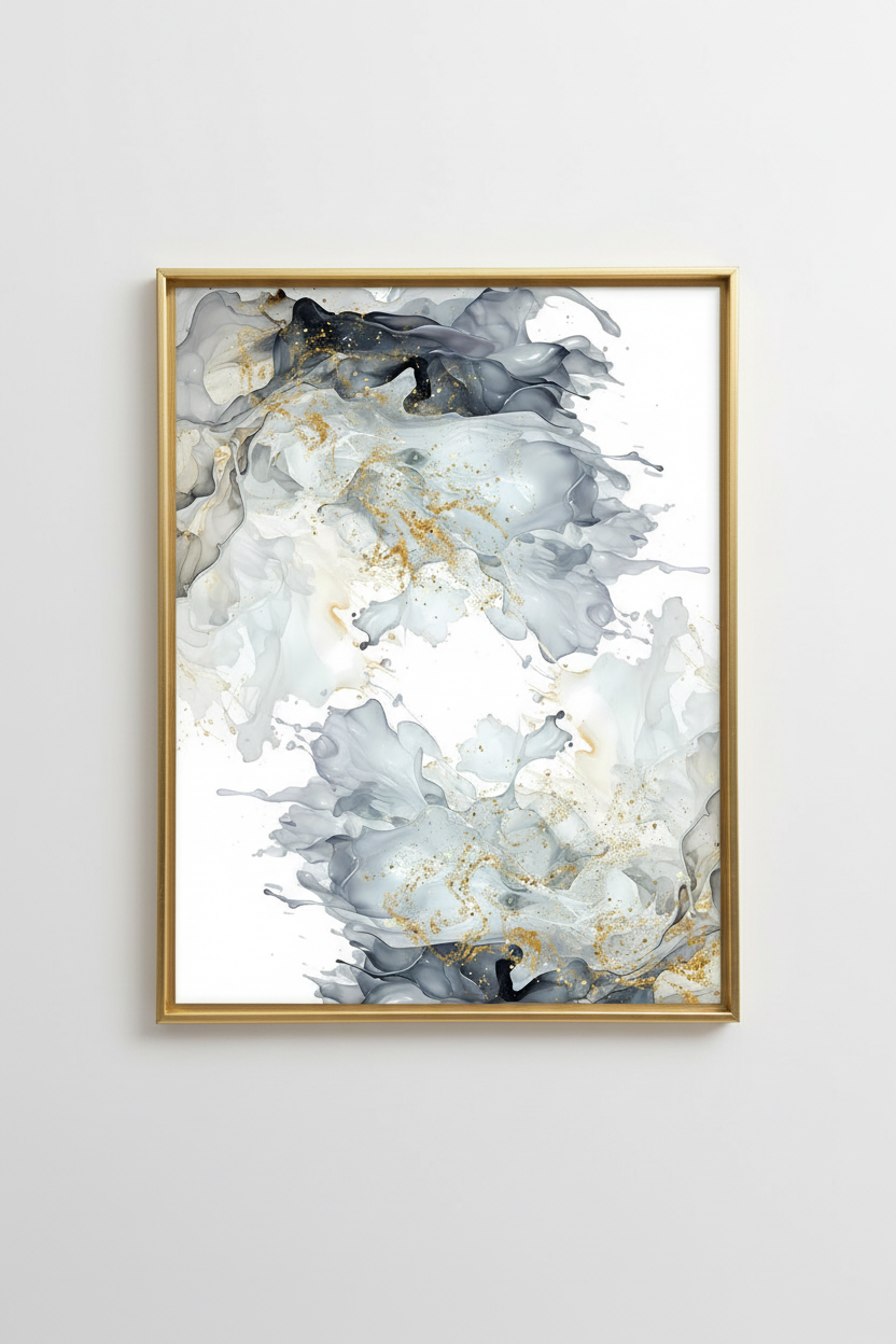 Abstract art print with gold accents in a gold frame on a white wall