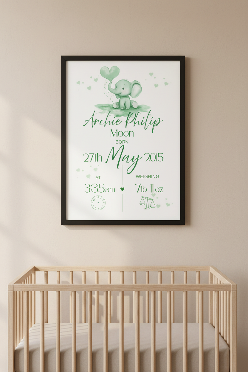 Framed baby poster with elephant illustration in a nursery setting