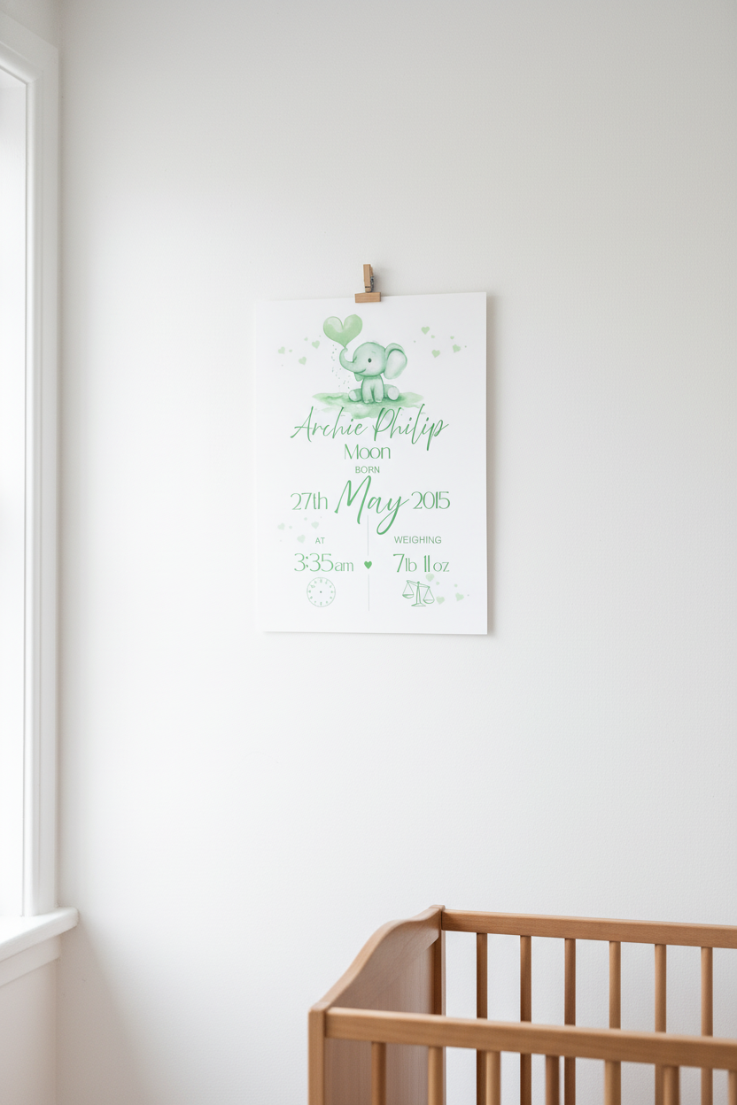 Baby birth print with green elephant design 