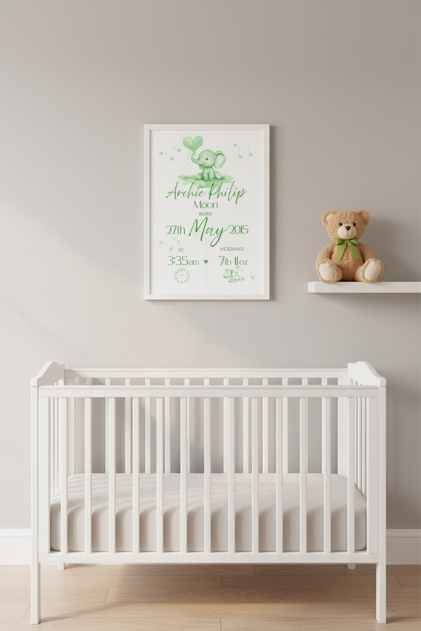 White crib in a room with a framed baby milestone chart and teddy bear on a shelf.