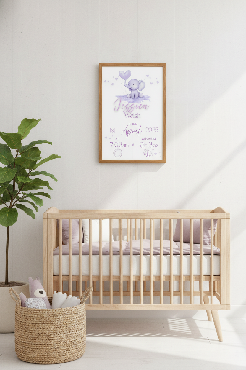 Nursery room with wooden crib, basket of toys, and framed artwork on the wall.