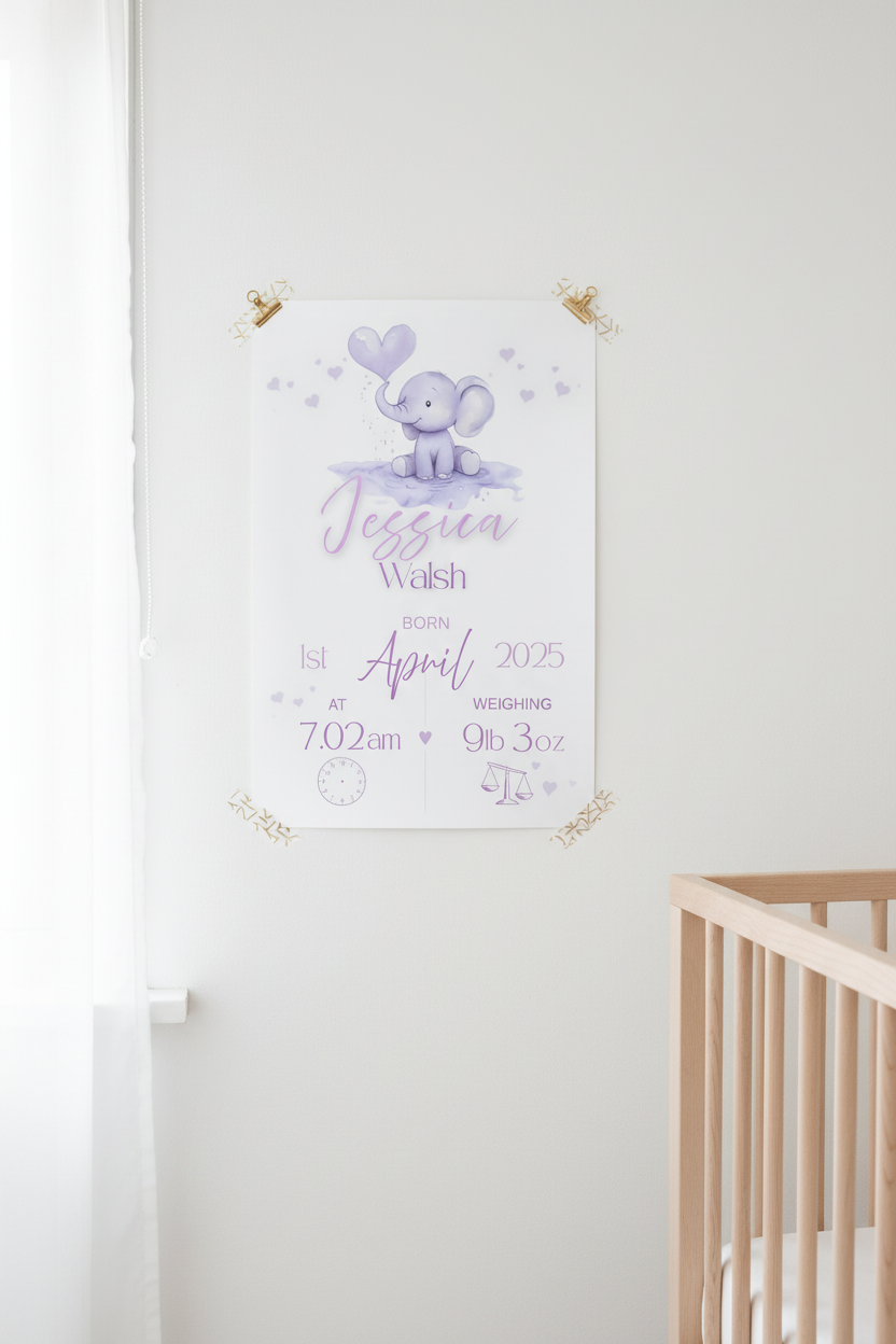 Baby milestone banner with elephant illustration on a white wall above a crib
